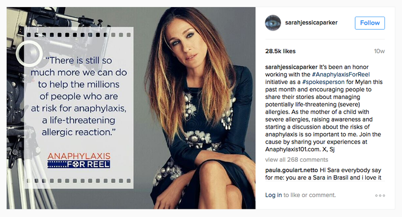 A post from Sarah Jessica Parker’s Instagram account promoting the Anaphylaxis for Reel campaign (Instagram)